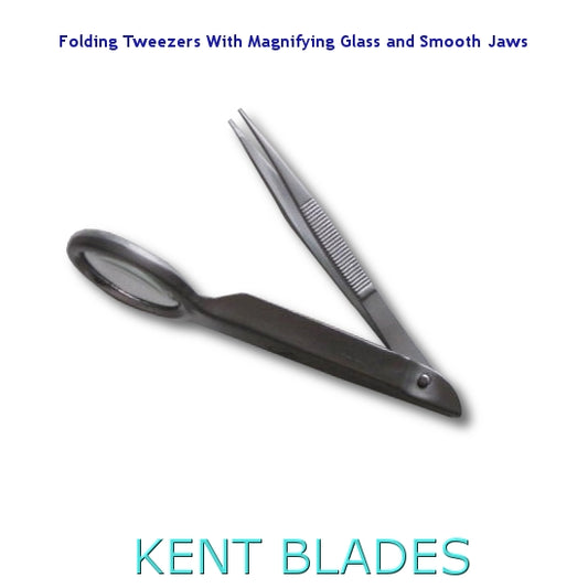 Stainless Steel Folding Tweezers with Large Magnifying Glass and Smooth Jaws
