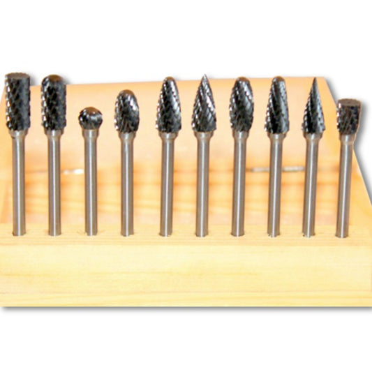 Kent 10 Assorted Carbide Rotary Burrs With 1/8" Shank and 1/4" Double Cut Heads