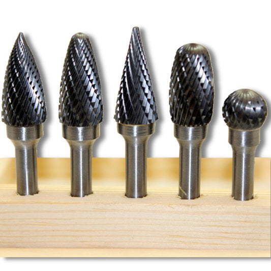 Kent 5 Assorted Carbide Rotary Burrs With 1/4" Shank and 1/2" Double Cut Heads