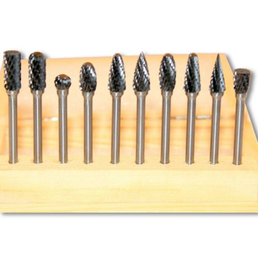 Kent 10 Assorted Carbide Rotary Burrs With 1/8" Shank and 1/4" Double Cut Heads - Kent SuppliesKent 10 Assorted Carbide Rotary Burrs With 1/8" Shank and 1/4" Double Cut HeadsGLS - 501
