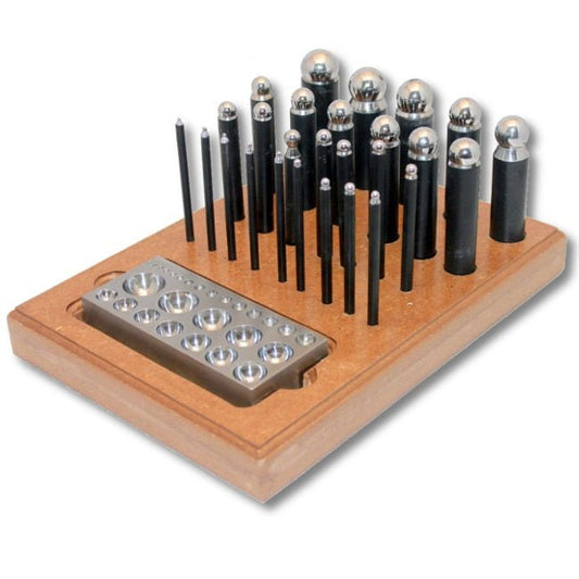 Kent 29pcs Dapping Punches Set With Matching Doming Block and Wooden Stand - Kent SuppliesKent 29pcs Dapping Punches Set With Matching Doming Block and Wooden StandBIJ - 872