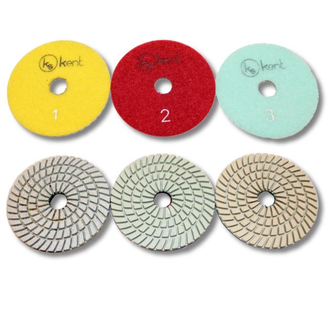 KENT 3 pcs 4" Diameter Premium Quality 3.0mm WET Polishing Flexible Diamond Pads - Kent SuppliesKENT 3 pcs 4" Diameter Premium Quality 3.0mm WET Polishing Flexible Diamond PadsDGW - 569