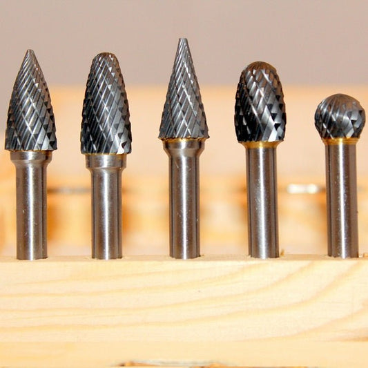 Kent 5 Assorted Carbide Rotary Burrs With 1/4" Shank and 3/8" Double Cut Heads - Kent SuppliesKent 5 Assorted Carbide Rotary Burrs With 1/4" Shank and 3/8" Double Cut HeadsGLS - 503