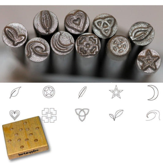 Kent Metal Punch Stamps 10 pieces Set: Leaves, Heart, Stars, Moon Crescent - Kent SuppliesKent Metal Punch Stamps 10 pieces Set: Leaves, Heart, Stars, Moon CrescentBIJ - 879