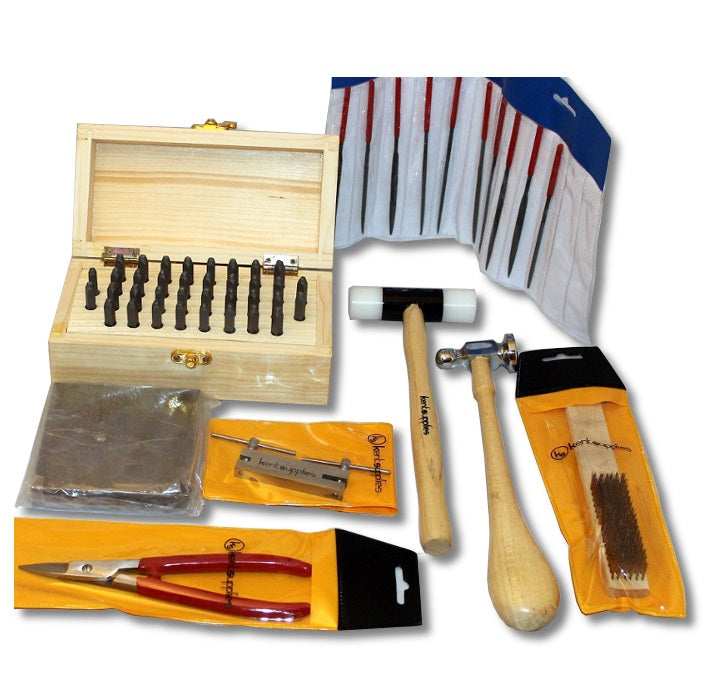 Kit de herramientas de estampado de metal con sellos alfanuméricos y herramientas variadas y yunque